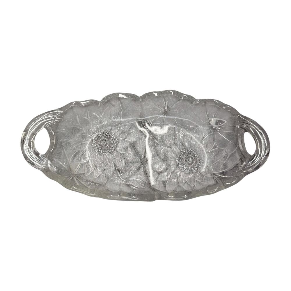 Vintage Pressed Glass Sunflower Oval Serving Tray Scalloped Handles